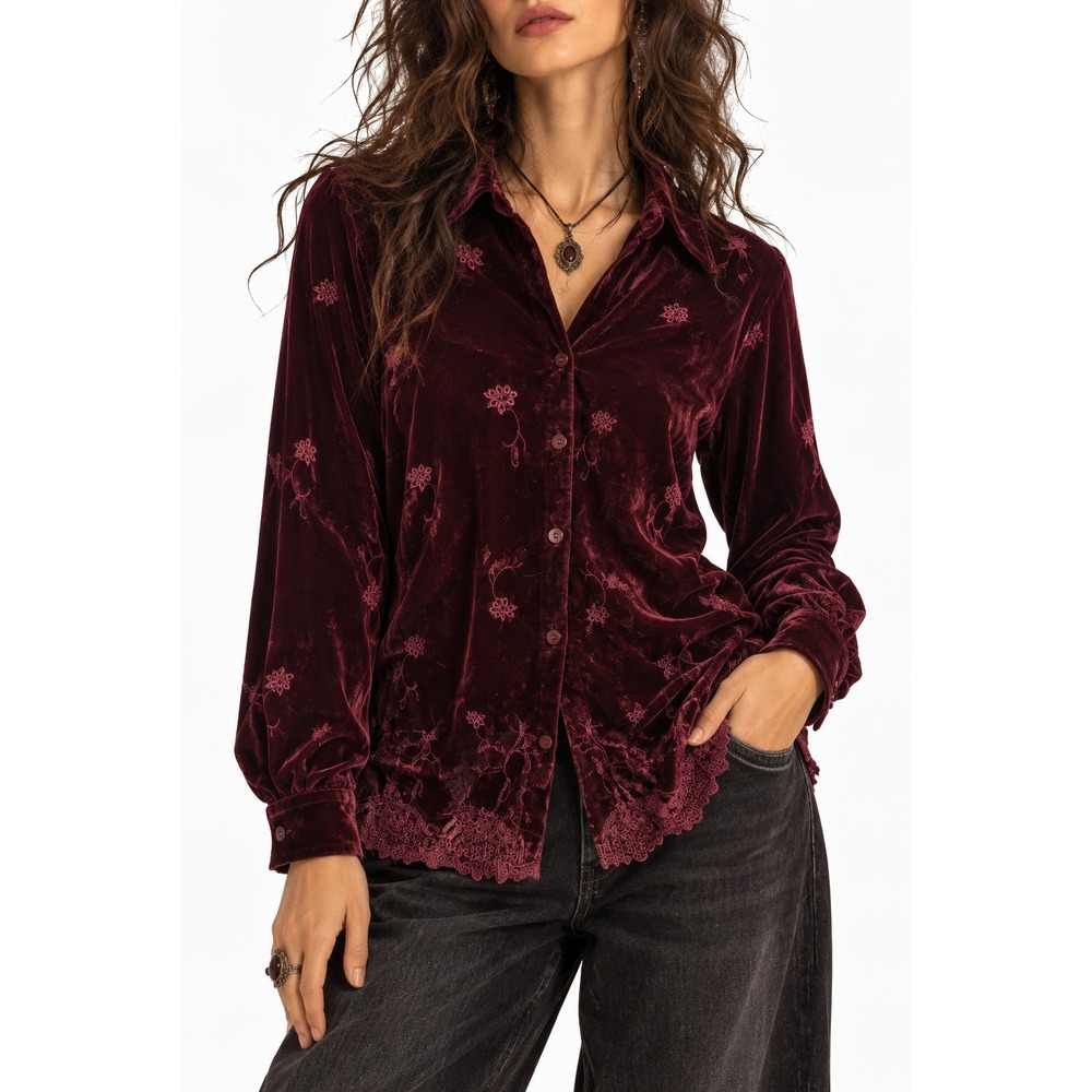 Avenue Womens Burgundy Embroidered Velvet Button Down Shirt 14/16 Dark Romantic